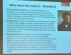 Information about three rioters from Blandford: Alfred Stevens, George Long, and Richard Bleathman
