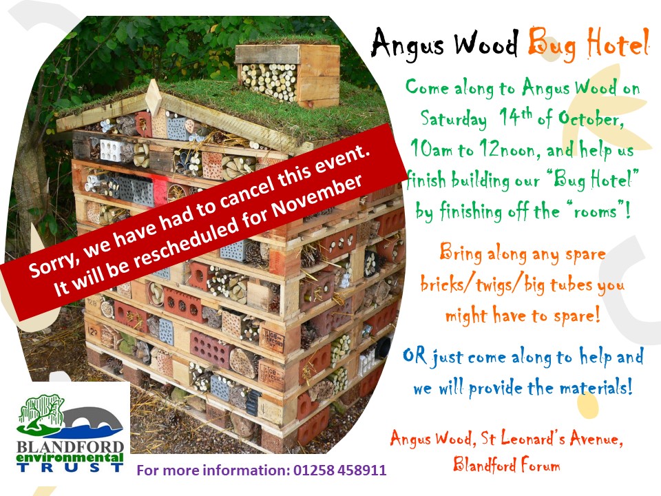 Come along to Angus Wood and help us finish building our Bug Hotel. Bring along any spare bricks, twigs or big tubes you might have to spare, or just come along to help and we will provide materials. For more information ring 01258 458911. Organised by Blandford Environmental Trust.
Sorry we have had to cancel this event, it will be rescheduled for November.