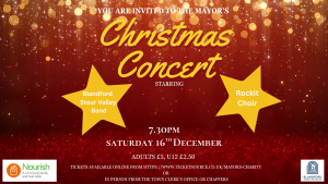 You are invited to the Mayor's Christmas Concert, starring Blandford Stour Valley Band and Rokit choir. Adults £5, U12 £2.50. All profits will go to the Mayor’s charities, Blandford Town Museum and Nourish (formerly Blandford Foodbank)