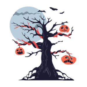 A cartoon tree hung with scary pumpkin lanterns and bats flying overhead
